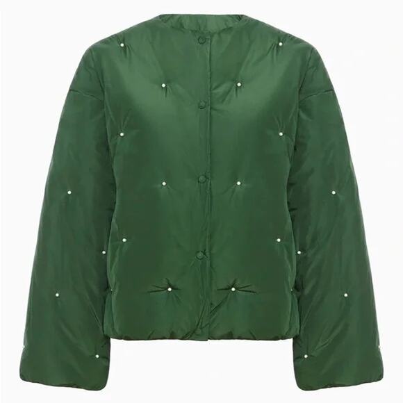 NWT SLEEPER Puffer Jacket in Green with Pearl Details / Size S/M - Picture 2 of 9